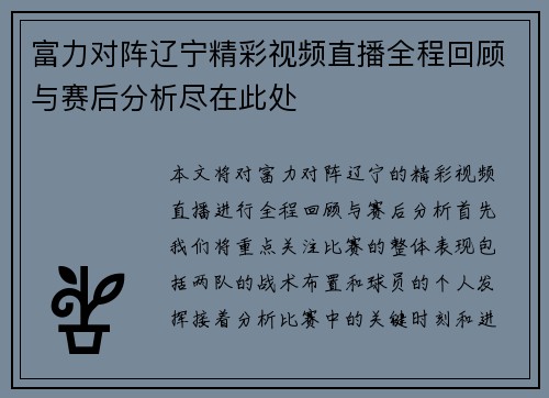 富力对阵辽宁精彩视频直播全程回顾与赛后分析尽在此处
